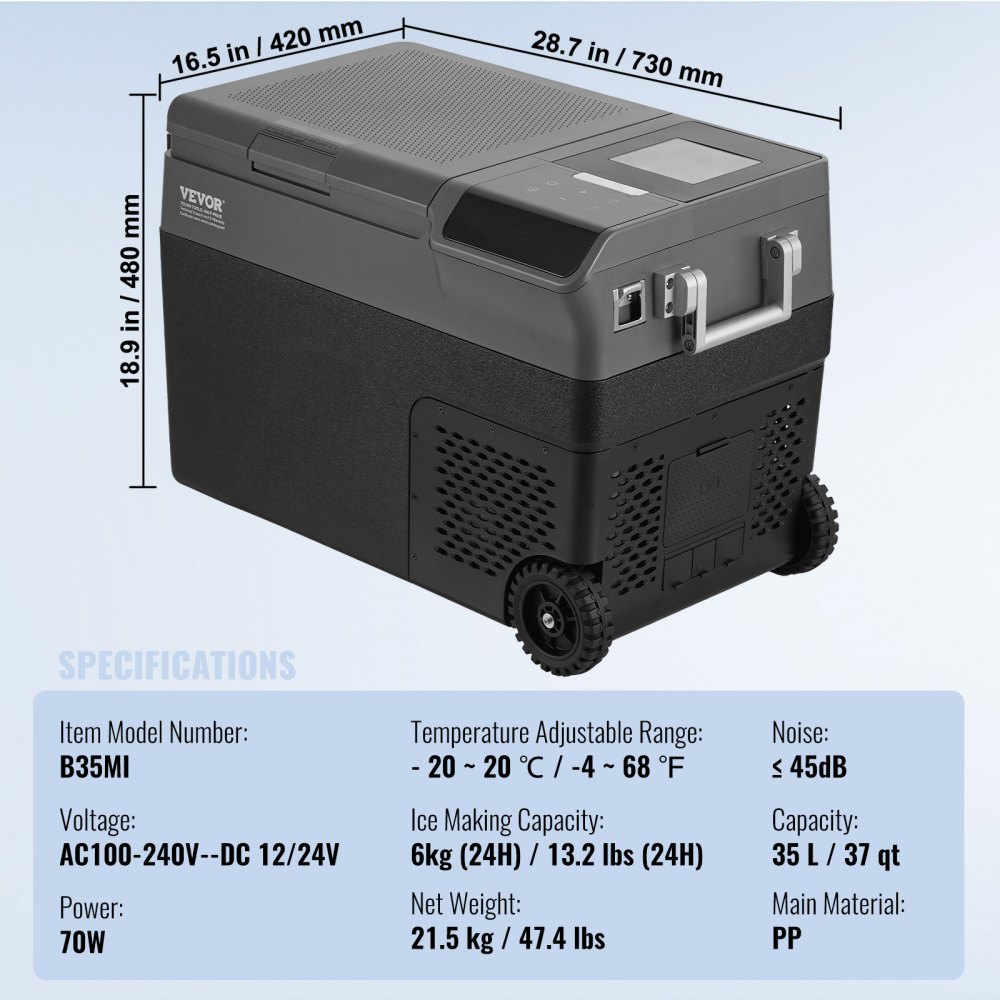 VEVOR Portable Car Refrigerator, with Ice Making Function, 12 Volt Car Refrigerator Fridge, 37 QT Single Zone Portable Freezer, -4℉-68℉ Adjustable Temperature, with Casters for Camping, Car, RV