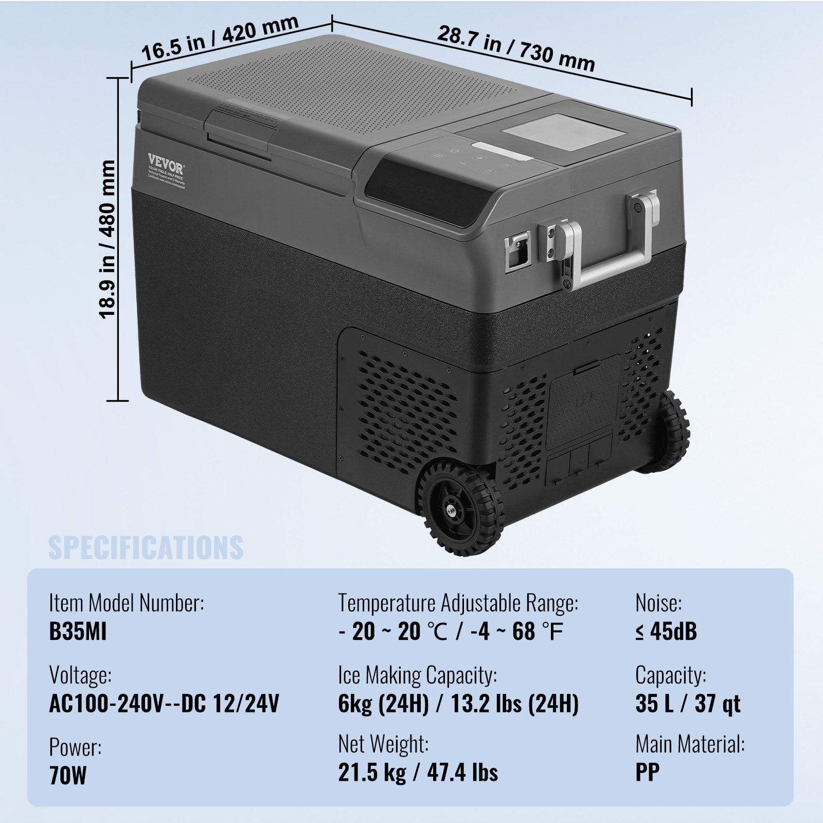 VEVOR Portable Car Refrigerator, with Ice Making Function, 12 Volt Car Refrigerator Fridge, 37 QT Single Zone Portable Freezer, -4℉-68℉ Adjustable Temperature, with Casters for Camping, Car, RV