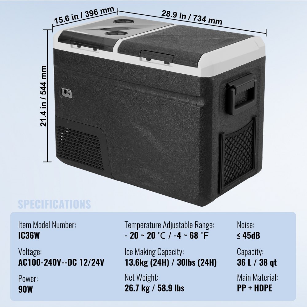 VEVOR Portable Car Refrigerator, with Ice Making Function, 12 Volt Car Refrigerator Fridge, 36 L Single Zone Portable Freezer, -4℉-68℉ Adjustable Temperature, Compressor Cooler for Camping, Car, RV