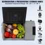 VEVOR car refrigerator with fruits and beverages, adjustable temperature range, and two storage modes.