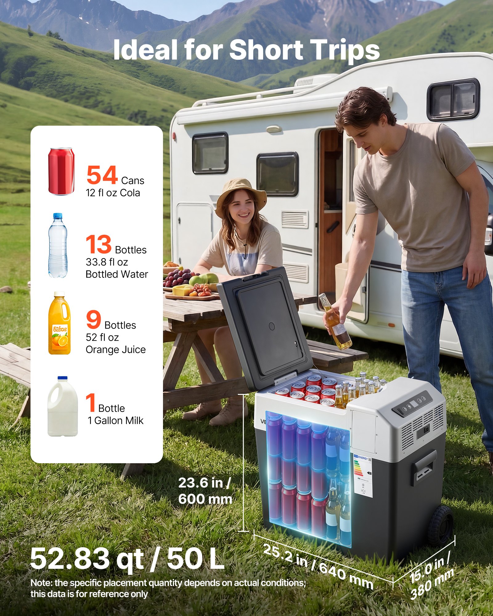 VEVOR 12 Volt Refrigerator, 52.8 QT/ 50L Car Fridge, Portable Electric Freezer Compressor with Handle, APP Control and Wheels, 12V/24V DC 100-240V AC, -22℃ to 10℃, for Truck Van RV SUV Travel Camping