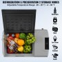 VEVOR car refrigerator with open lid showing fruit and beverages inside. adjustable temperature range -20°c to 20°c.