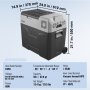 VEVOR car refrigerator dimensions and specifications; 50l capacity, 60w, ac/dc power, adjustable temperature.