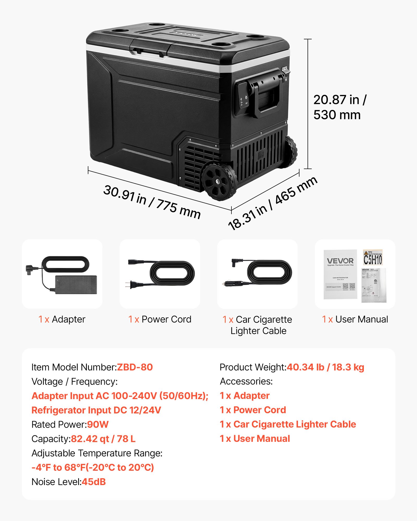 VEVOR 12 Volt Refrigerator, 82.4 QT/ 78L Car Fridge, Portable Electric Freezer Compressor with Handle, APP Control and Wheel, 12V/24V DC 100-240V AC,-20℃ to 20℃, for Truck Van RV SUV Travel Camping