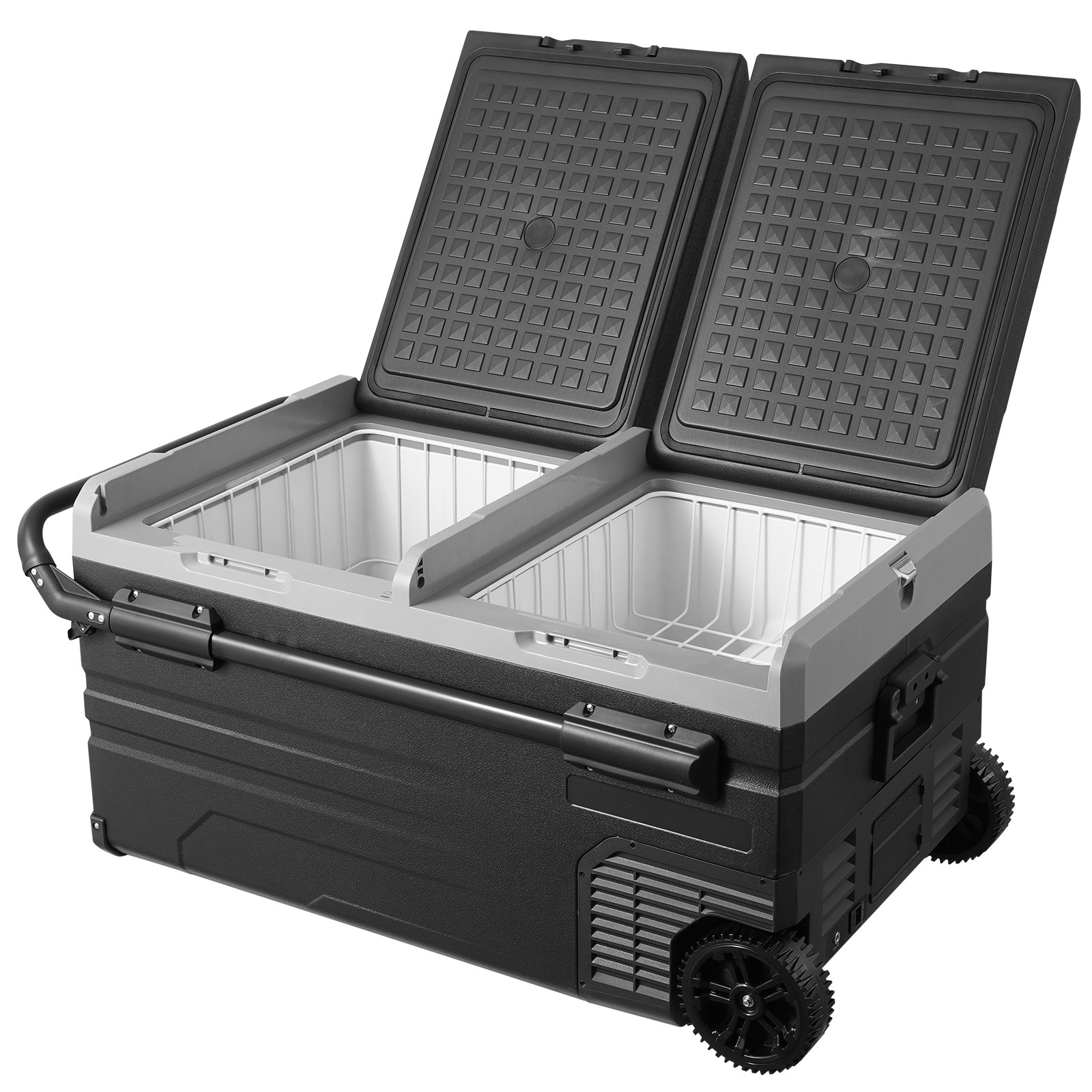 Autochladnička VEVOR, 12V autochladnička, 95L přenosná dvouzónová mraznička s kolečky a rukojetí, -4℉-68℉, 12/24V DC a 100-240V AC kompresorová chladnička pro venkovní použití a kempování