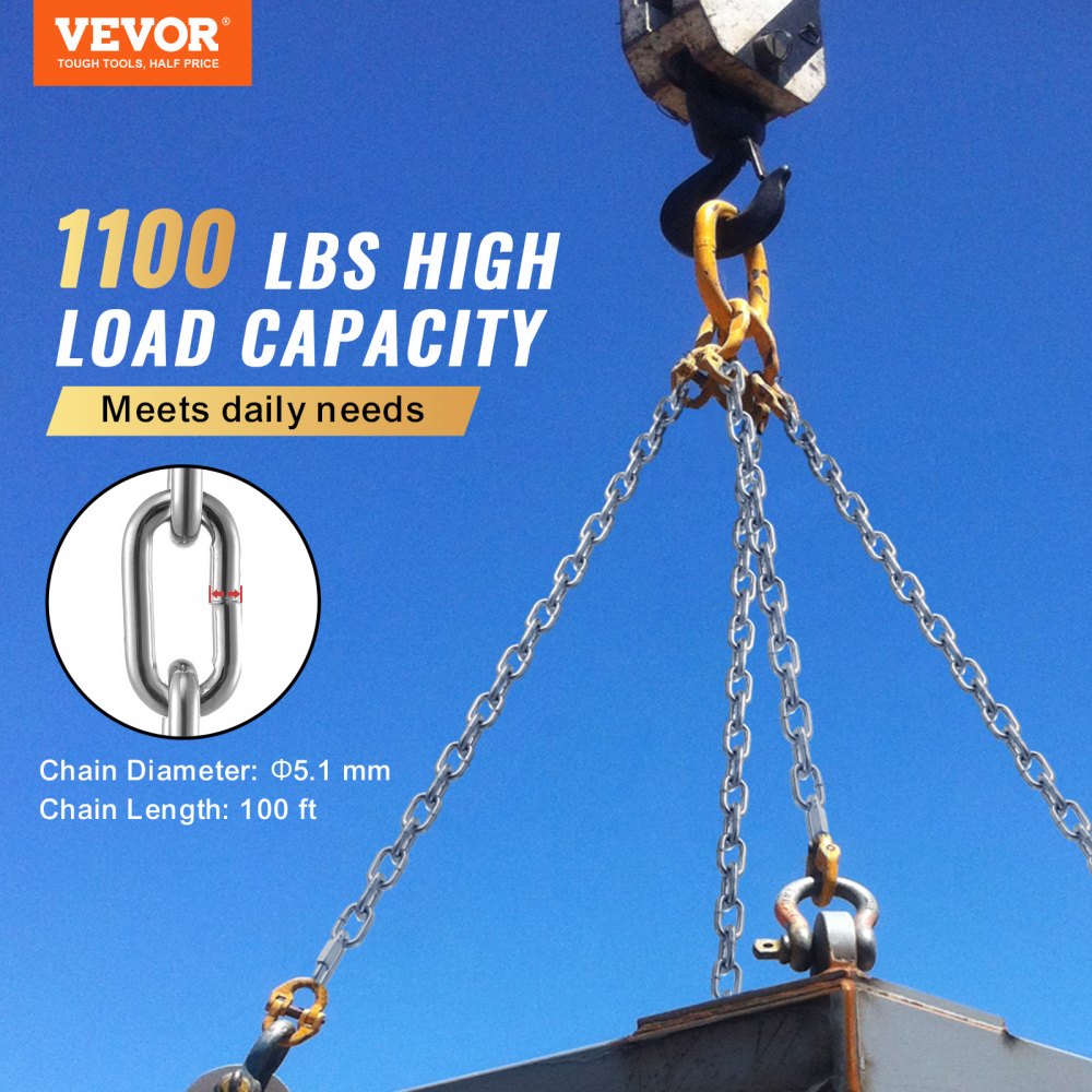 VEVOR Proof Coil Chain, 3/16" x 100', 1100 lbs Safe Working Load, Zinc Plated Proof Tested Coil Chain with Two Quick Links, Galvanized Carbon Steel Link Chain for Towing, Hanging, Camping, Pet Towing