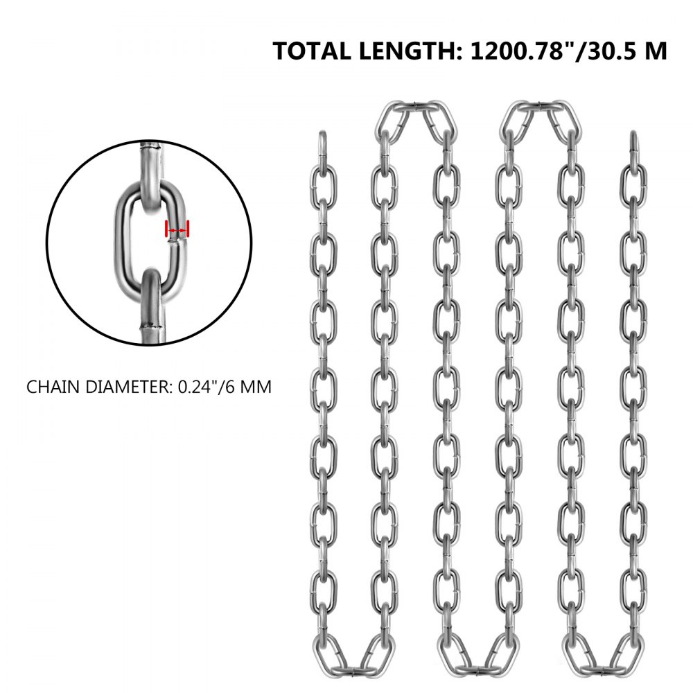 VEVOR Proof Coil Chain, 6 mm x 30.48 m, 698 kg Safe Working Load, Zinc Plated Proof Tested Coil Chain with Two Quick Links, Galvanized Carbon Steel Link Chain for Towing, Hanging, Camping, Pet Towing
