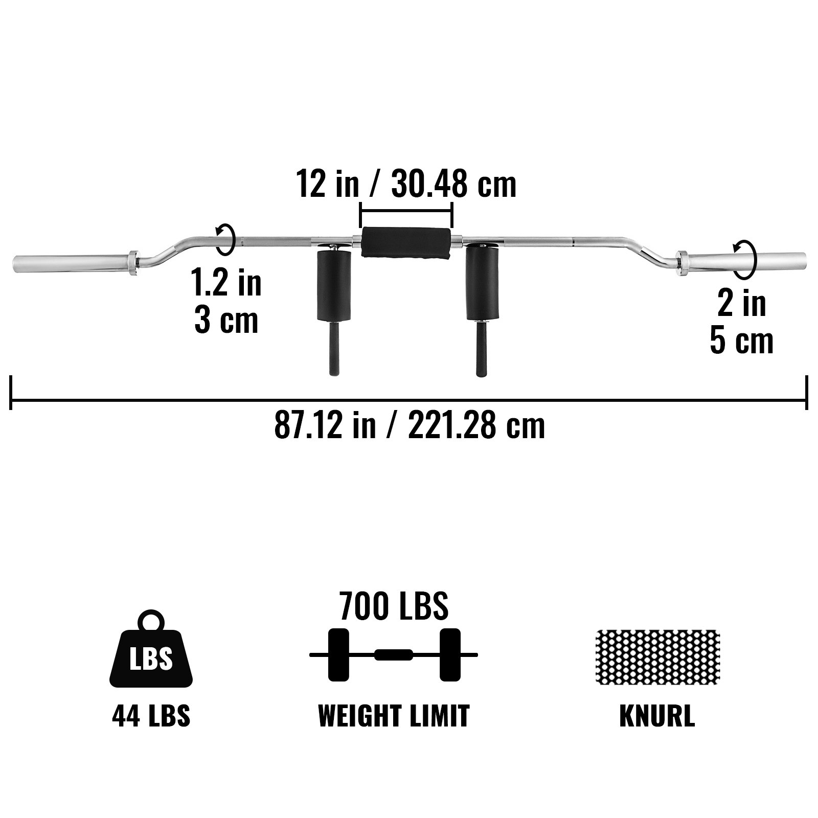 VEVOR Plates Safety Squat, 7ft  Safety Squat Bar Fitness Squat Bar, Capacity 700LBS Weight Lifting Barbell with Shoulder and Arm Pads