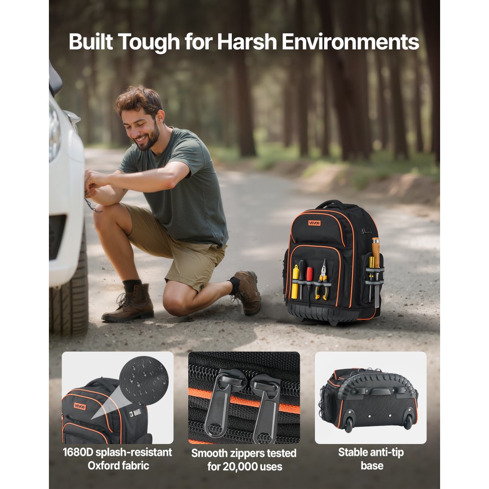VEVOR Rolling Tool Backpack, 110 lbs Load Capacity, 45 Pockets Heavy Duty Roller Tool Bag on Wheels, Adjustable Telescoping Handle & Stable Base, Toolbag Organizers for Construction, Mechanic