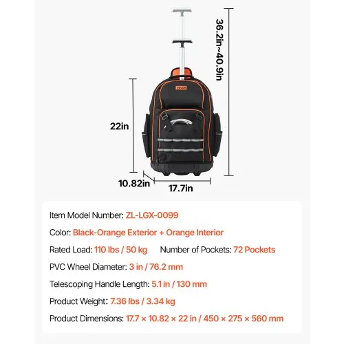 Ratastega tööriistaseljakott 38 cm, 72 taskut, 50 kg — pilt 7