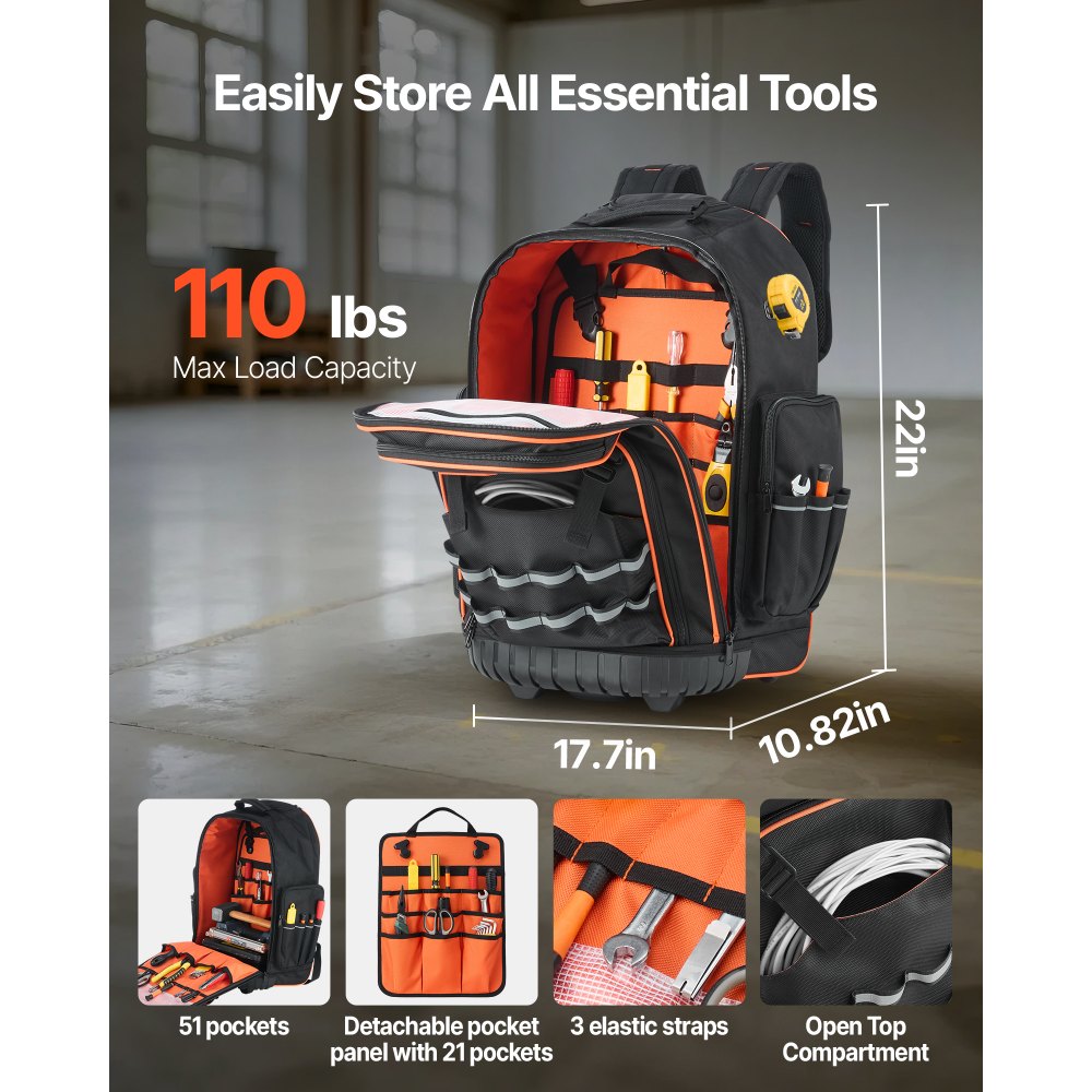 VEVOR Rolling Tool Backpack, 110 lbs Load Capacity, 72 Pockets Heavy Duty Roller Tool Bag on Wheels, Adjustable Telescoping Handle & Stable Base, Toolbag Organizers for Construction, Mechanic