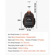 VEVOR Rolling Tool Backpack 72 Pockets Heavy Duty Roller Tool Bag on Wheels