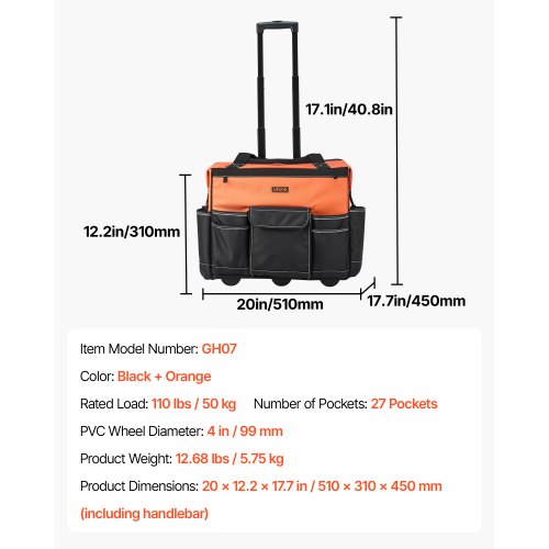 VEVOR Rolling Tool Bag, 110 lbs Load Capacity, 27 Pockets Heavy