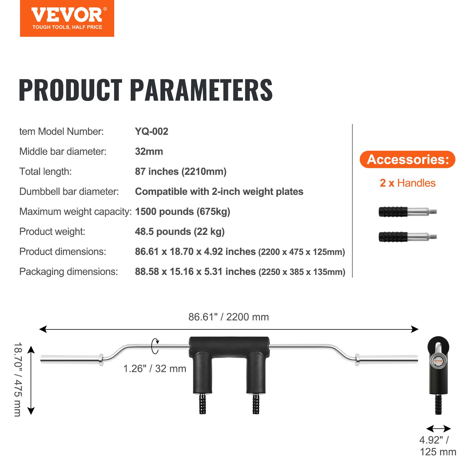 VEVOR Safety Squat Bar, 1,500 LBS Fitness Squat  Bar, Safety Squat Bar Attachment with Shoulder and Arm Pads, 32mm Diameter Weight Bar, Ideal for Front Squats, Lunges, Rehab, Physical Therapy