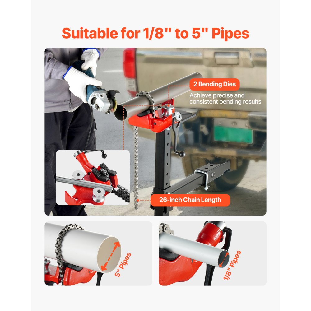 VEVOR Heavy-Duty Pipe Chain Vise, 1/8" - 5" Pipe Capacity, 26" Rugged Chain & Cast Iron Base, Hitch Mount Vise Plate Holder With Adjustable Height - Fits 2 inch x 2 inch Receiver