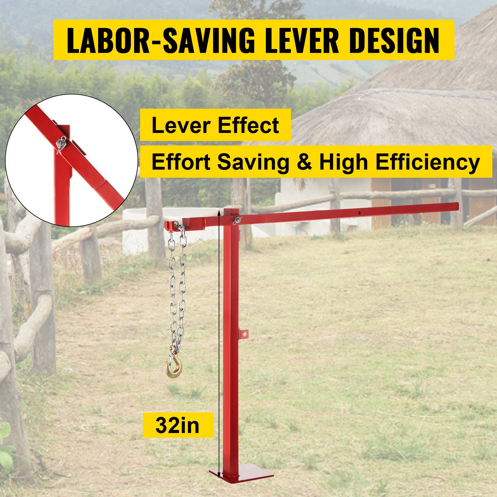 VEVOR Post Puller 42" Long Chain Fence Post Puller 32" Standing Frame Wood Post Puller Set with Lifting Chain Puller Stump Puller Fence Post Remover for Round Fence Post, Metal, Sign Post & Tree Stump