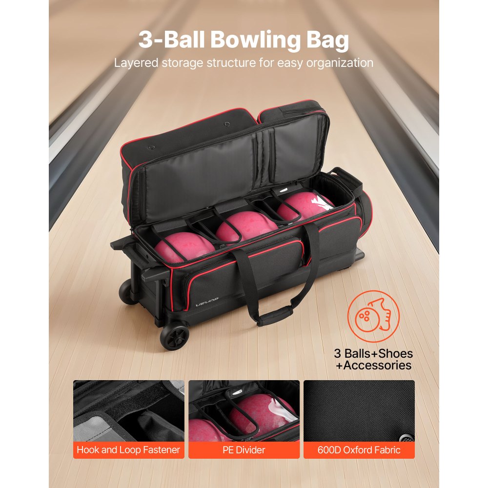 VEVOR Bowling Ball Bag, 3 Ball Double Roller Bowling Bag with Wheels, Featuring a Separate Compartment for Shoes (Up To US Size 16) & Oversized Accessory Pocket, Retractable Handle Extends to 41.34 in