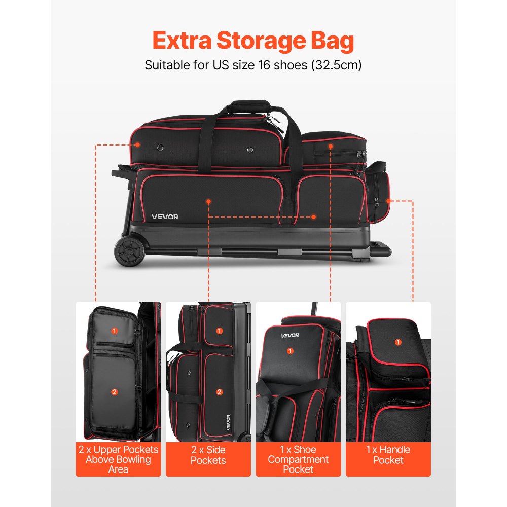 VEVOR Bowling Ball Bag, 3 Ball Double Roller Bowling Bag with Wheels, Featuring a Separate Compartment for Shoes (Up To US Size 16) & Oversized Accessory Pocket, Retractable Handle Extends to 41.34 in