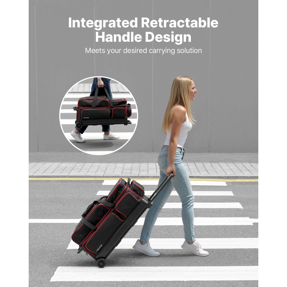 VEVOR Bowling Ball Bag, 3 Ball Double Roller Bowling Bag with Wheels, Featuring a Separate Compartment for Shoes (Up To US Size 16) & Oversized Accessory Pocket, Retractable Handle Extends to 41.34 in