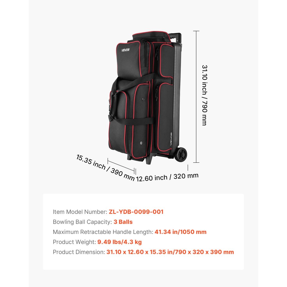 VEVOR Bowling Ball Bag, 3 Ball Double Roller Bowling Bag with Wheels, Featuring a Separate Compartment for Shoes (Up To US Size 16) & Oversized Accessory Pocket, Retractable Handle Extends to 41.34 in