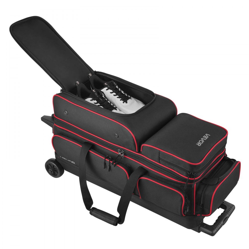 VEVOR Bowling Ball Bag, 3 Ball Double Roller Bowling Bag with Wheels, Featuring a Separate Compartment for Shoes (Up To US Size 16) & Oversized Accessory Pocket, Retractable Handle Extends to 41.34 in