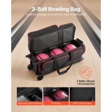 3 Ball Bowling Bag with Wheels Double Roller Bowling Bag with Shoe Compartment