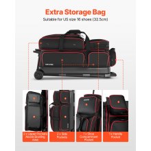 3 Ball Bowling Bag with Wheels Double Roller Bowling Bag with Shoe Compartment