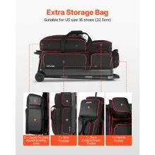 3 Ball Bowling Bag with Wheels Double Roller Bowling Bag with Shoe Compartment
