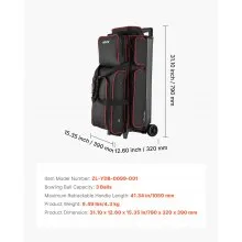 3 Ball Bowling Bag with Wheels Double Roller Bowling Bag with Shoe Compartment
