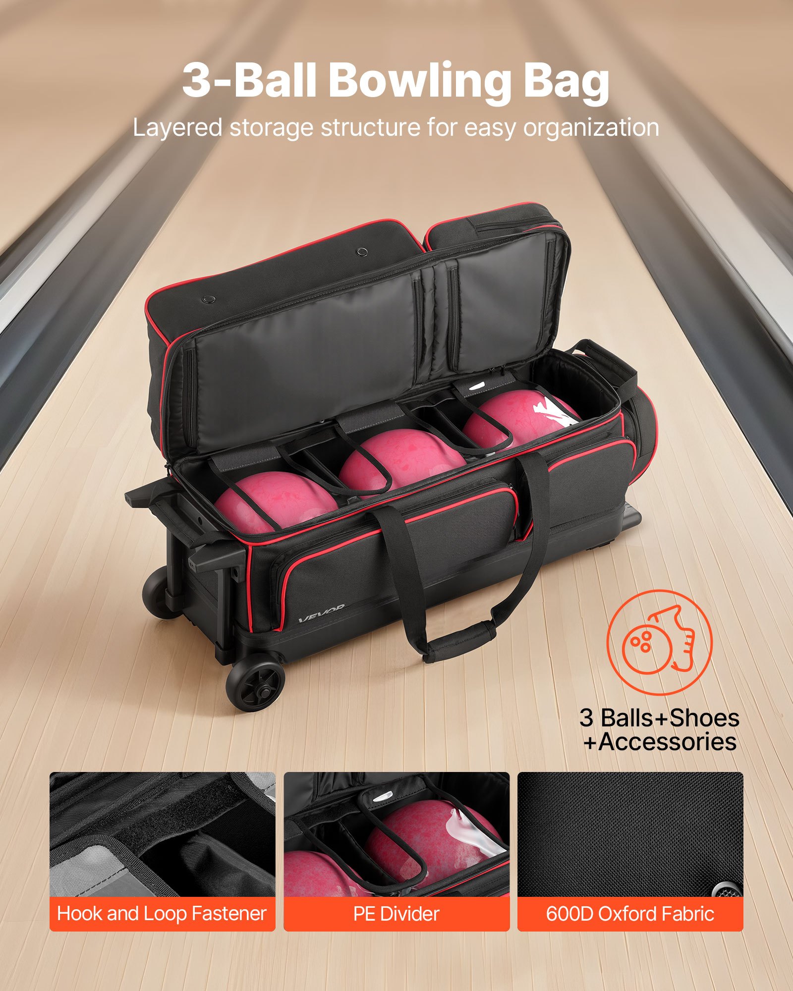 VEVOR Bowling Ball Bag, 3 Ball Double Roller Bowling Bag with Wheels, Featuring a Separate Compartment for Shoes (Up To US Size 16) & Oversized Accessory Pocket, Retractable Handle Extends to 41.34 in