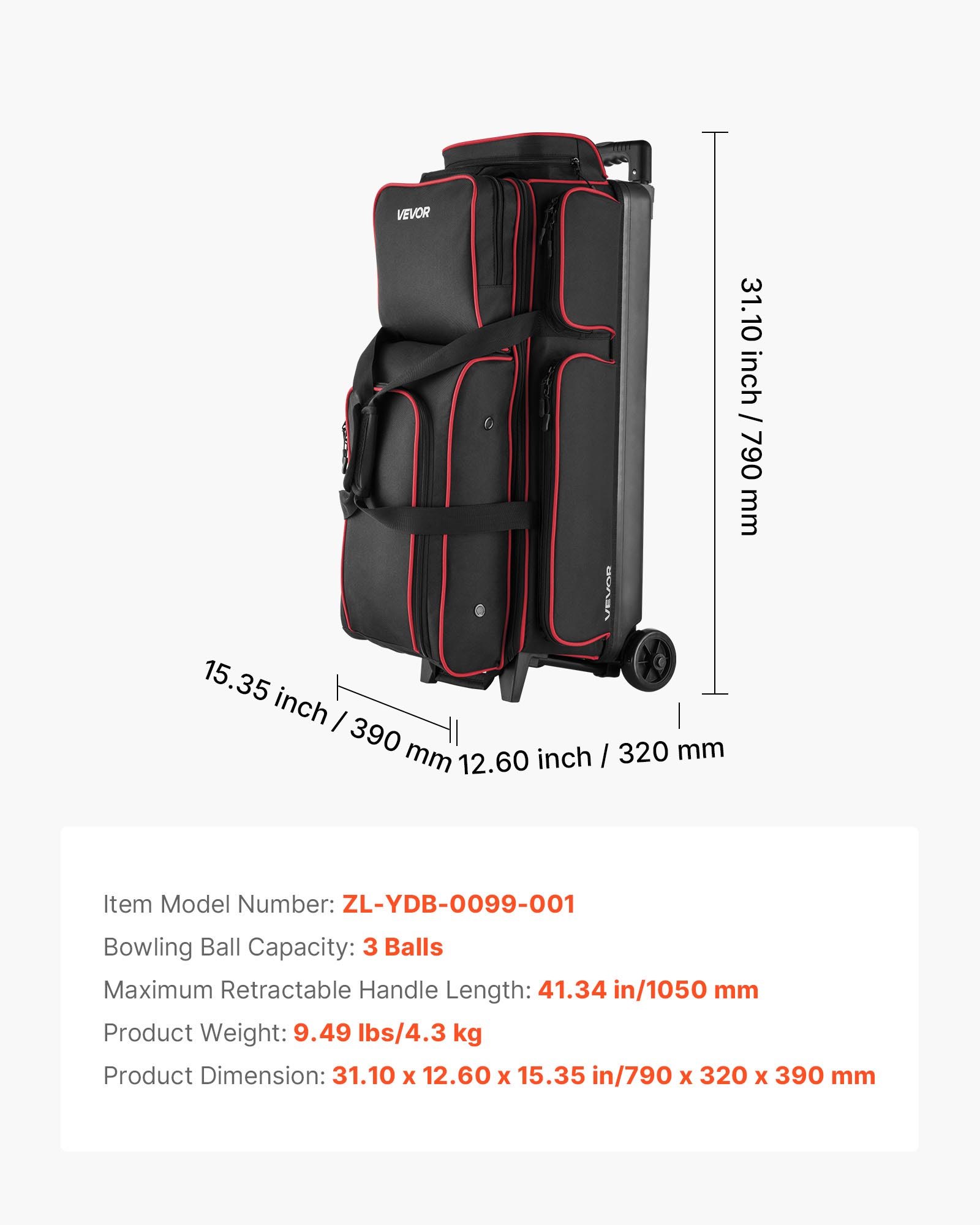 VEVOR Bowling Ball Bag, 3 Ball Double Roller Bowling Bag with Wheels, Featuring a Separate Compartment for Shoes (Up To US Size 16) & Oversized Accessory Pocket, Retractable Handle Extends to 41.34 in