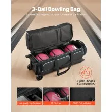 3 Ball Bowling Bag with Wheels Double Roller Bowling Bag with Shoe Compartment