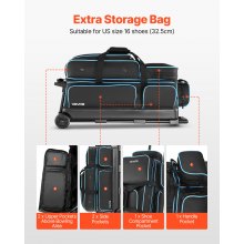 3 Ball Bowling Bag with Wheels Double Roller Bowling Bag with Shoe Compartment