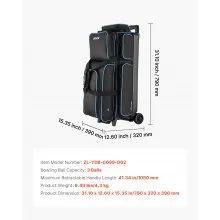 3 Ball Bowling Bag with Wheels Double Roller Bowling Bag with Shoe Compartment
