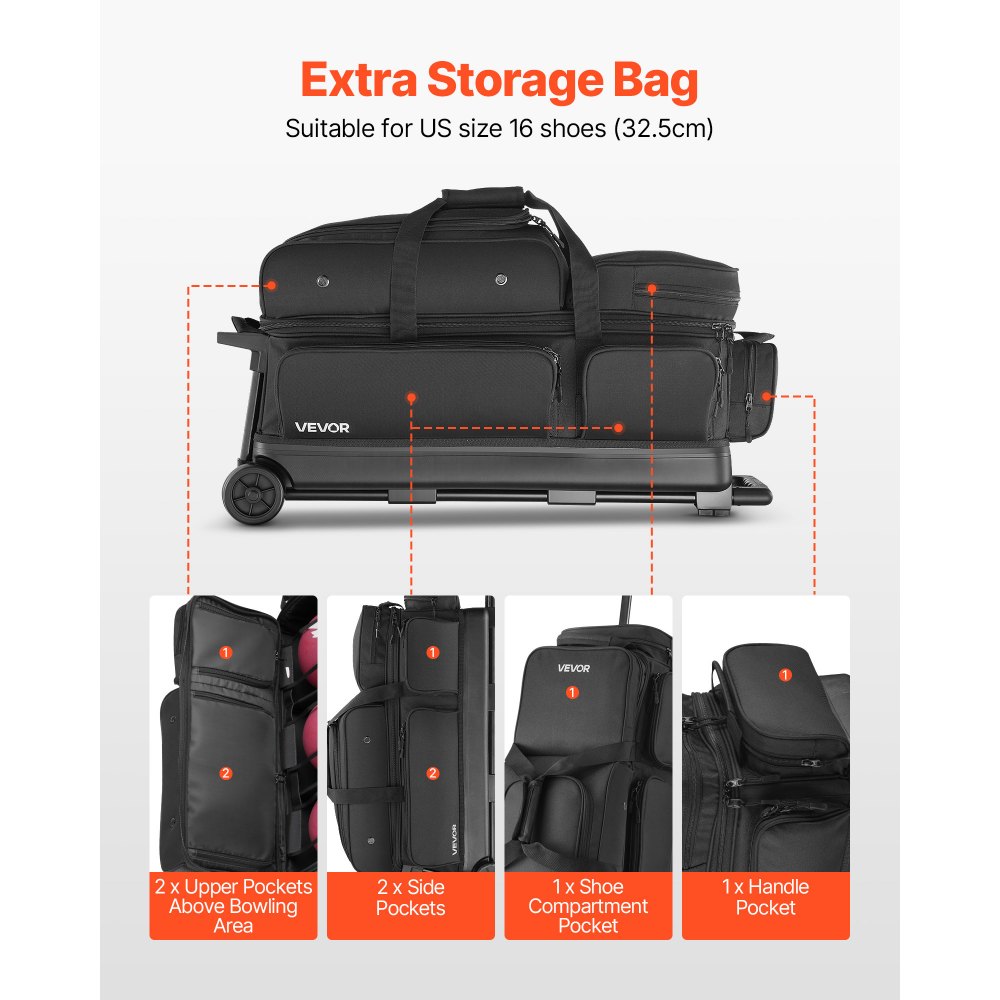 VEVOR Bowling Ball Bag, 3 Ball Double Roller Bowling Bag with Wheels, Featuring a Separate Compartment for Shoes (Up To US Size 16) & Oversized Accessory Pocket, Retractable Handle Extends to 1050 mm