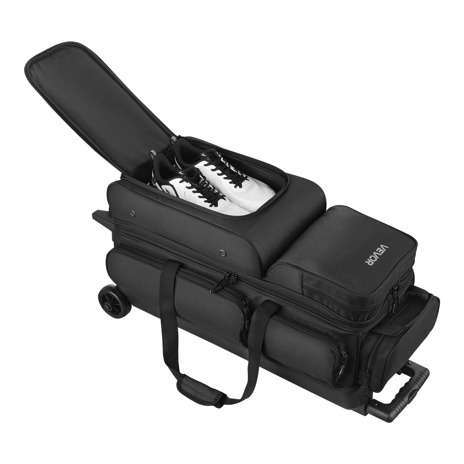 VEVOR Bowling Ball Bag, 3 Ball Double Roller Bowling Bag with Wheels, Featuring a Separate Compartment for Shoes (Up To US Size 16) & Oversized Accessory Pocket, Retractable Handle Extends to 41.34 in