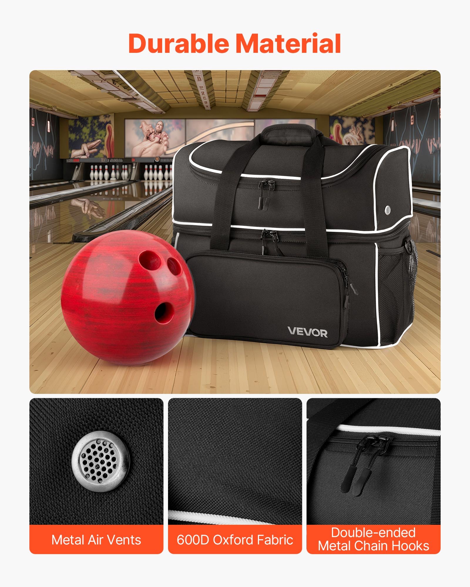 VEVOR Bowling Ball Bag, 2 Ball Four Roller Bowling Bag with Wheels, Featuring a Separate Compartment for Shoes (Up To US Size 16) & Oversized Accessory Pocket, Retractable Handle Extends to 37.4 in