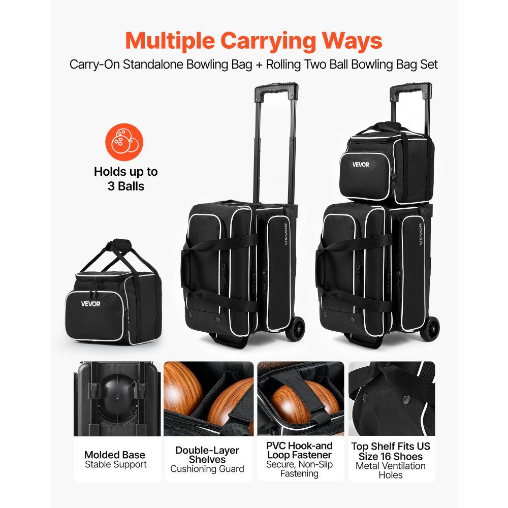 VEVOR 3 Ball Bowling Bag Double Roller Bag with Separate Shoe Compartment, for Bowling Shoes (Up To US Men Size 16), Rolling Ball Bag w/ Wheel, Accessory Pocket, Retractable Handle Extends to 40 in