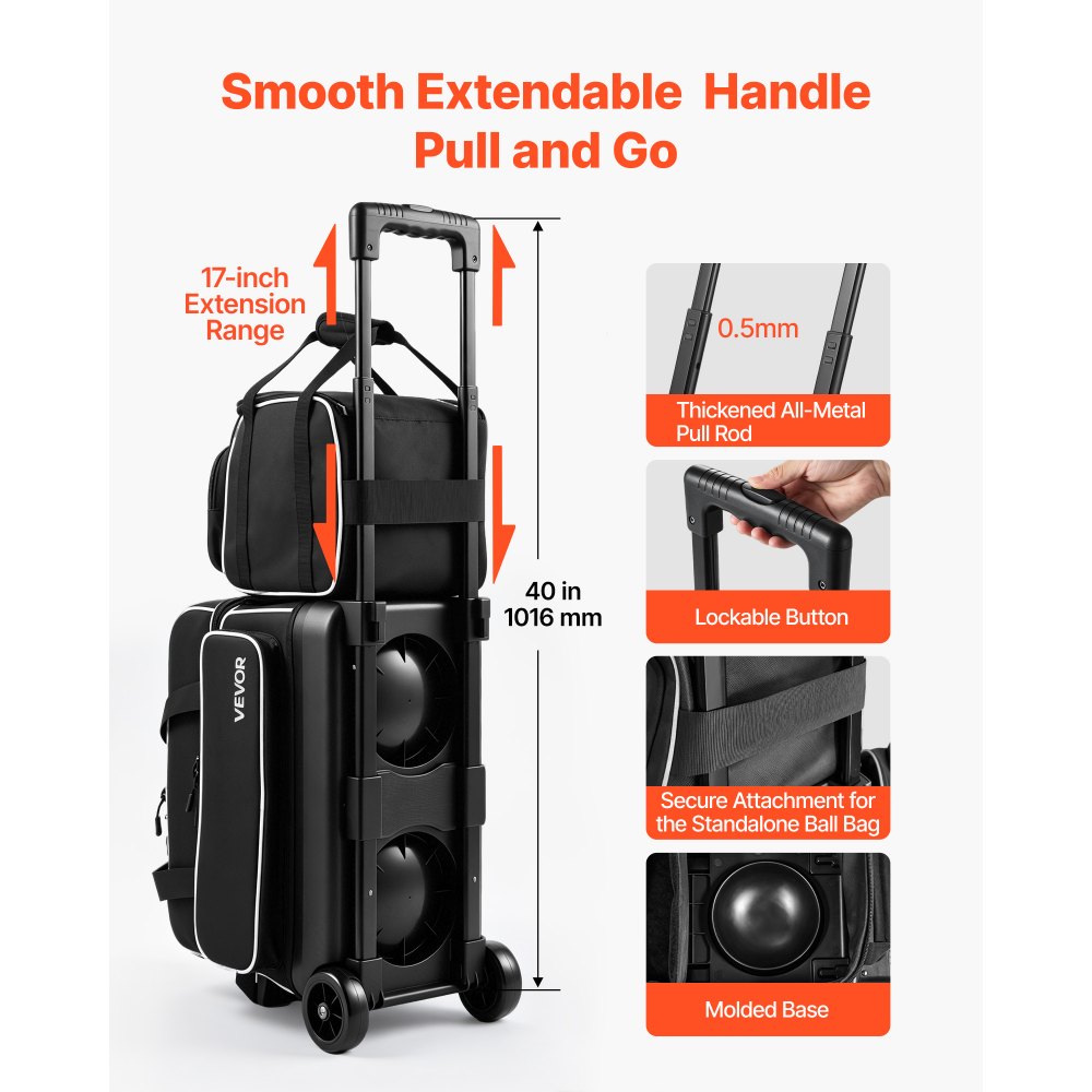 VEVOR 3 Ball Bowling Bag Double Roller Bag with Separate Shoe Compartment, for Bowling Shoes (Up To US Men Size 16), Rolling Ball Bag w/ Wheel, Accessory Pocket, Retractable Handle Extends to 40 in