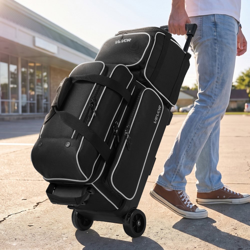 VEVOR 3 Ball Bowling Bag Double Roller Bag with Separate Shoe Compartment, for Bowling Shoes (Up To US Men Size 16), Rolling Ball Bag w/ Wheel, Accessory Pocket, Retractable Handle Extends to 40 in