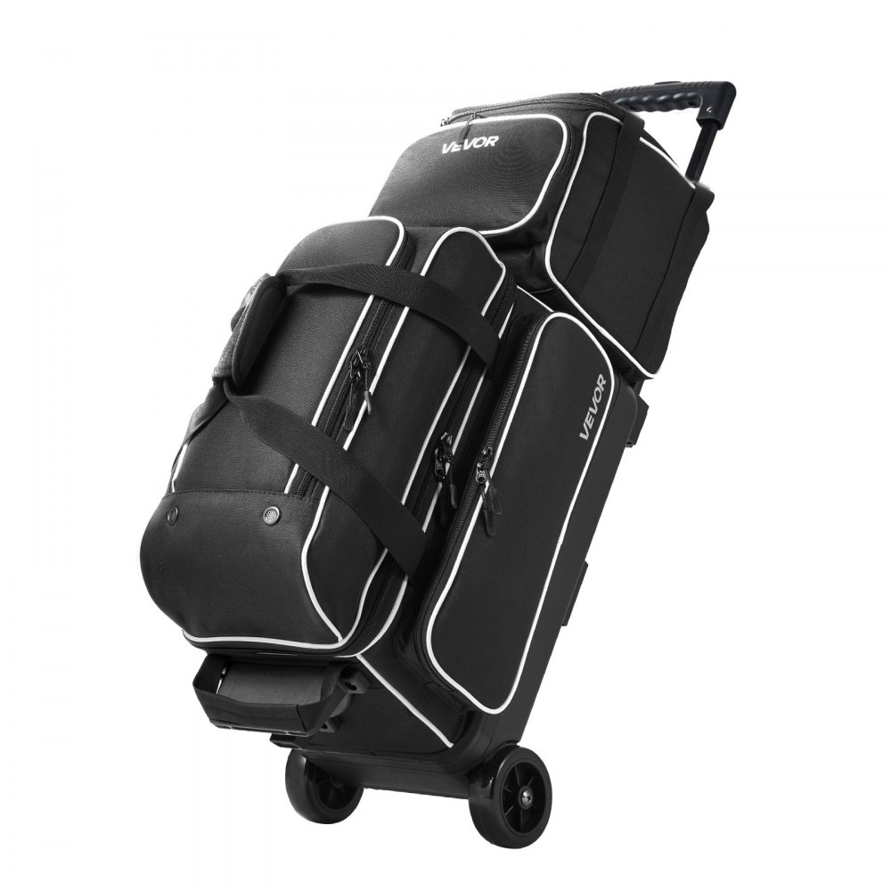 VEVOR 3 Ball Bowling Bag Double Roller Bag with Separate Shoe Compartment, for Bowling Shoes (Up To US Men Size 16), Rolling Ball Bag w/ Wheel, Accessory Pocket, Retractable Handle Extends to 40 in