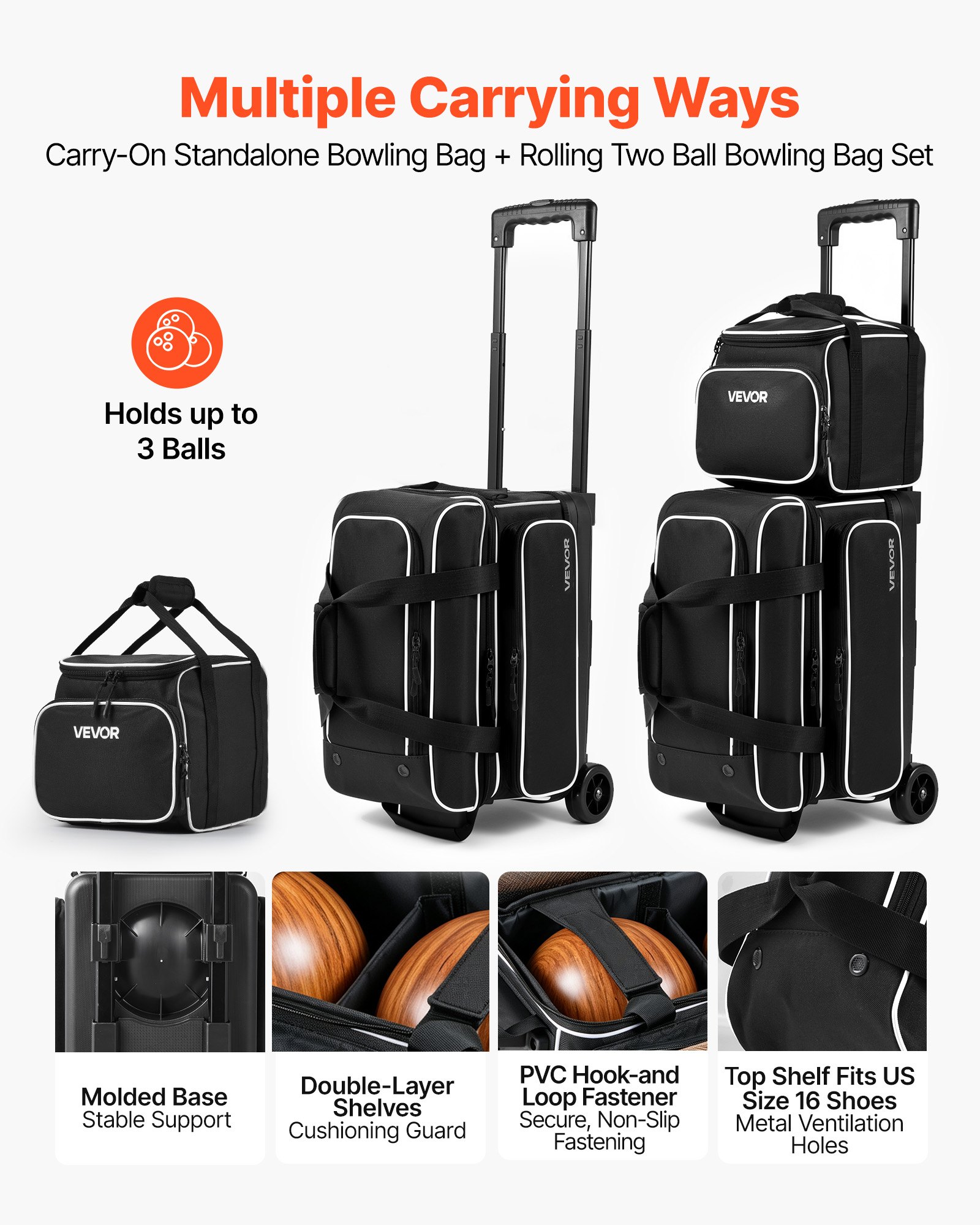 VEVOR 3 Ball Bowling Bag Double Roller Bag with Separate Shoe Compartment, for Bowling Shoes (Up To US Men Size 16), Rolling Ball Bag w/ Wheel, Accessory Pocket, Retractable Handle Extends to 40 in