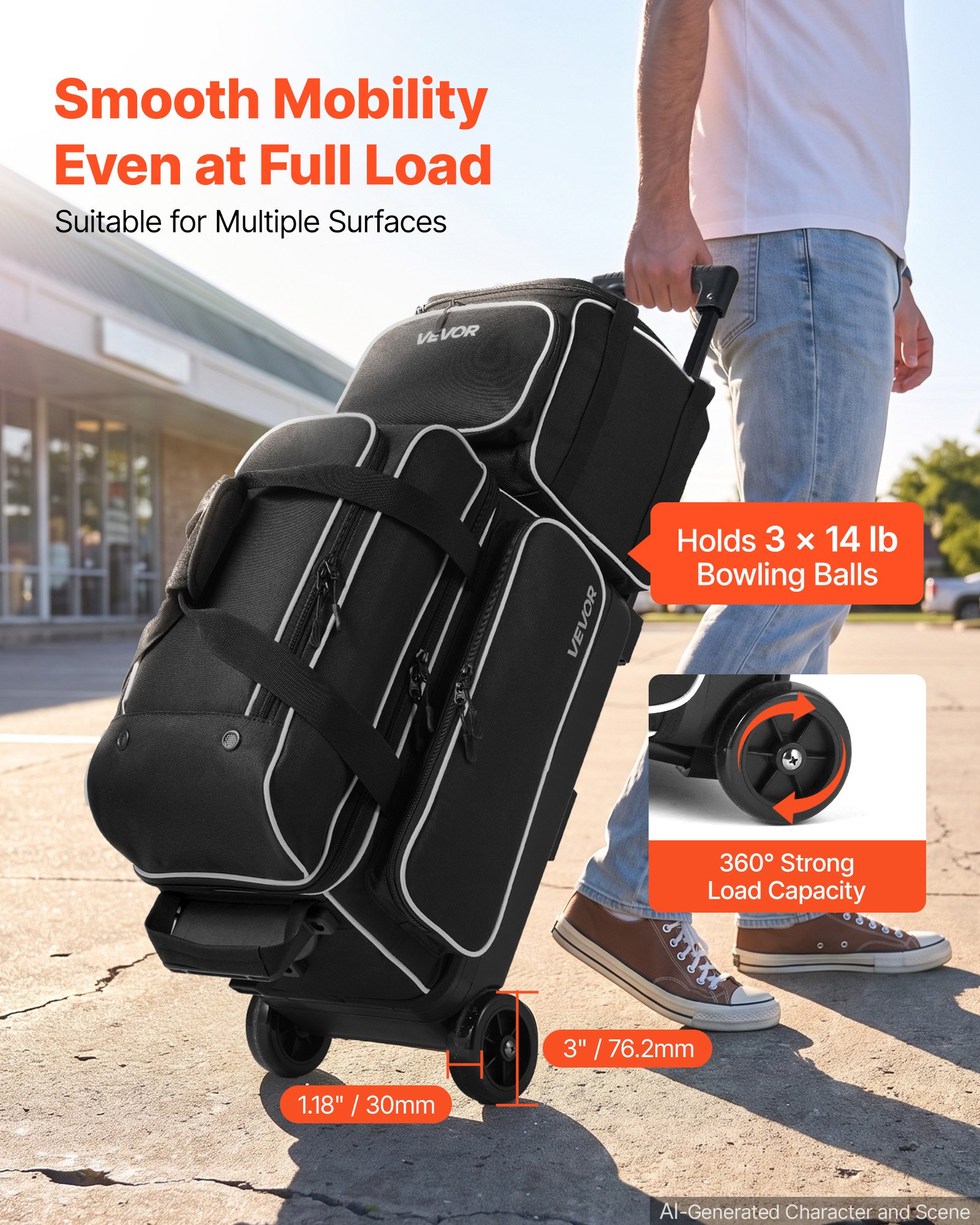 VEVOR 3 Ball Bowling Bag Double Roller Bag with Separate Shoe Compartment, for Bowling Shoes (Up To US Men Size 16), Rolling Ball Bag w/ Wheel, Accessory Pocket, Retractable Handle Extends to 40 in