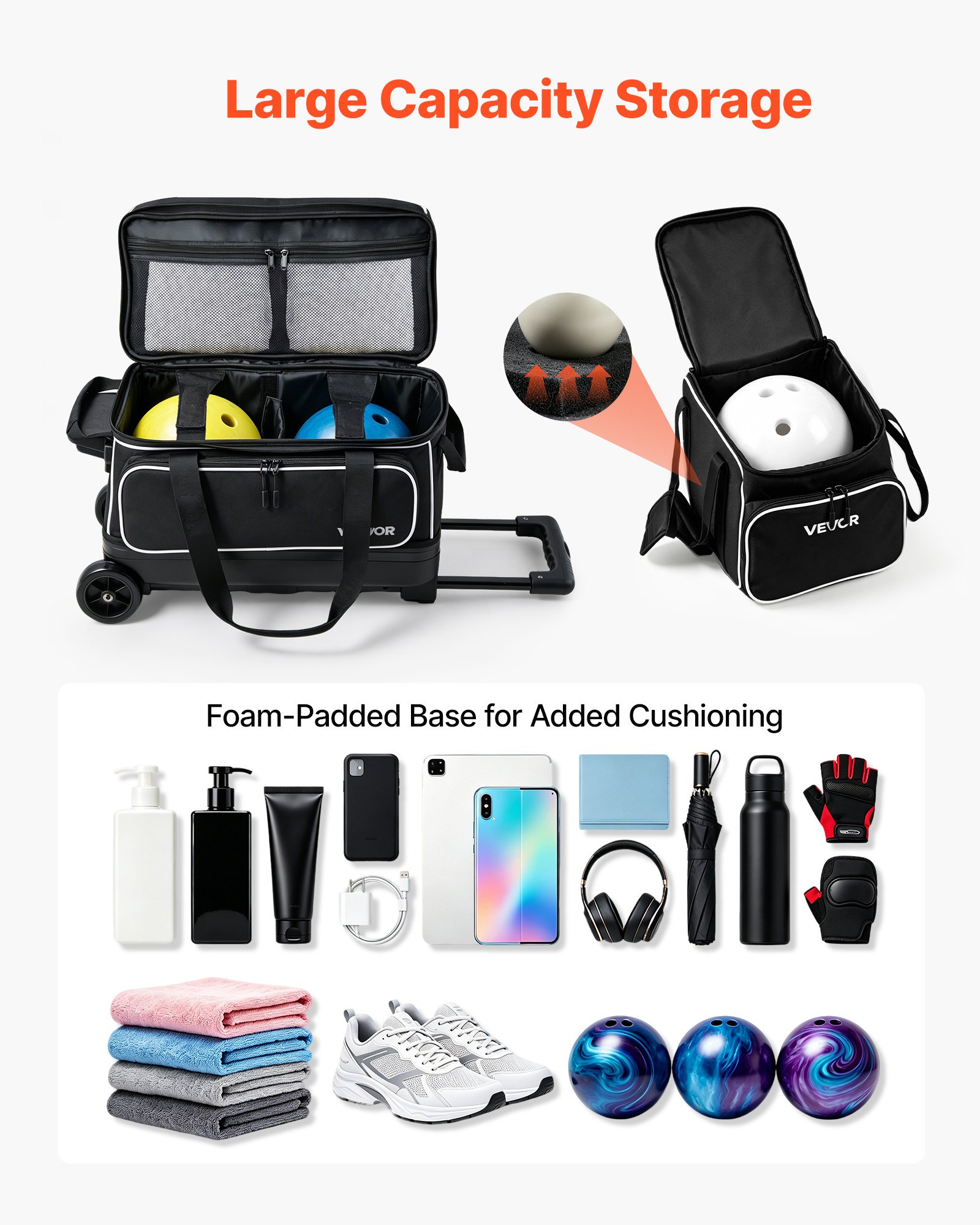 VEVOR 3 Ball Bowling Bag Double Roller Bag with Separate Shoe Compartment, for Bowling Shoes (Up To US Men Size 16), Rolling Ball Bag w/ Wheel, Accessory Pocket, Retractable Handle Extends to 40 in
