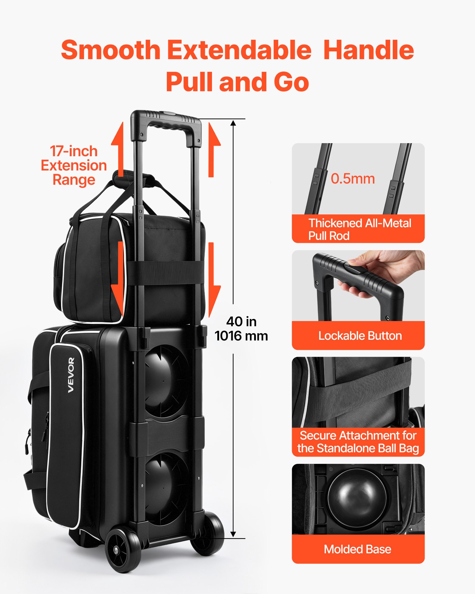 VEVOR 3 Ball Bowling Bag Double Roller Bag with Separate Shoe Compartment, for Bowling Shoes (Up To US Men Size 16), Rolling Ball Bag w/ Wheel, Accessory Pocket, Retractable Handle Extends to 40 in