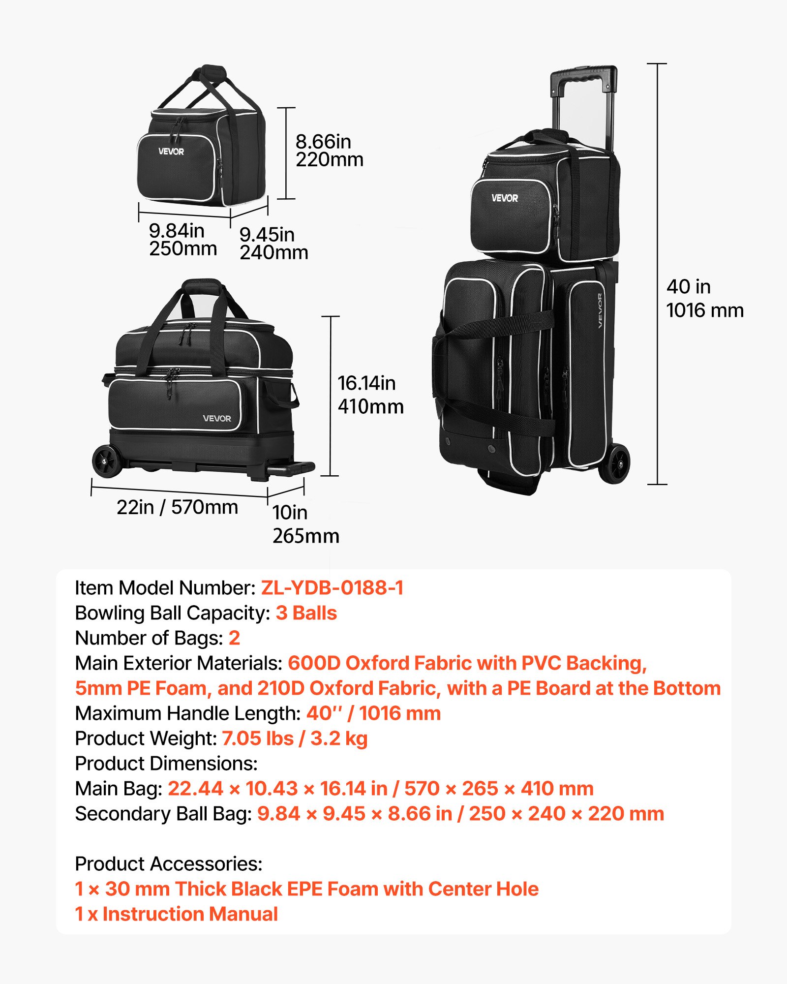 VEVOR 3 Ball Bowling Bag Double Roller Bag with Separate Shoe Compartment, for Bowling Shoes (Up To US Men Size 16), Rolling Ball Bag w/ Wheel, Accessory Pocket, Retractable Handle Extends to 40 in