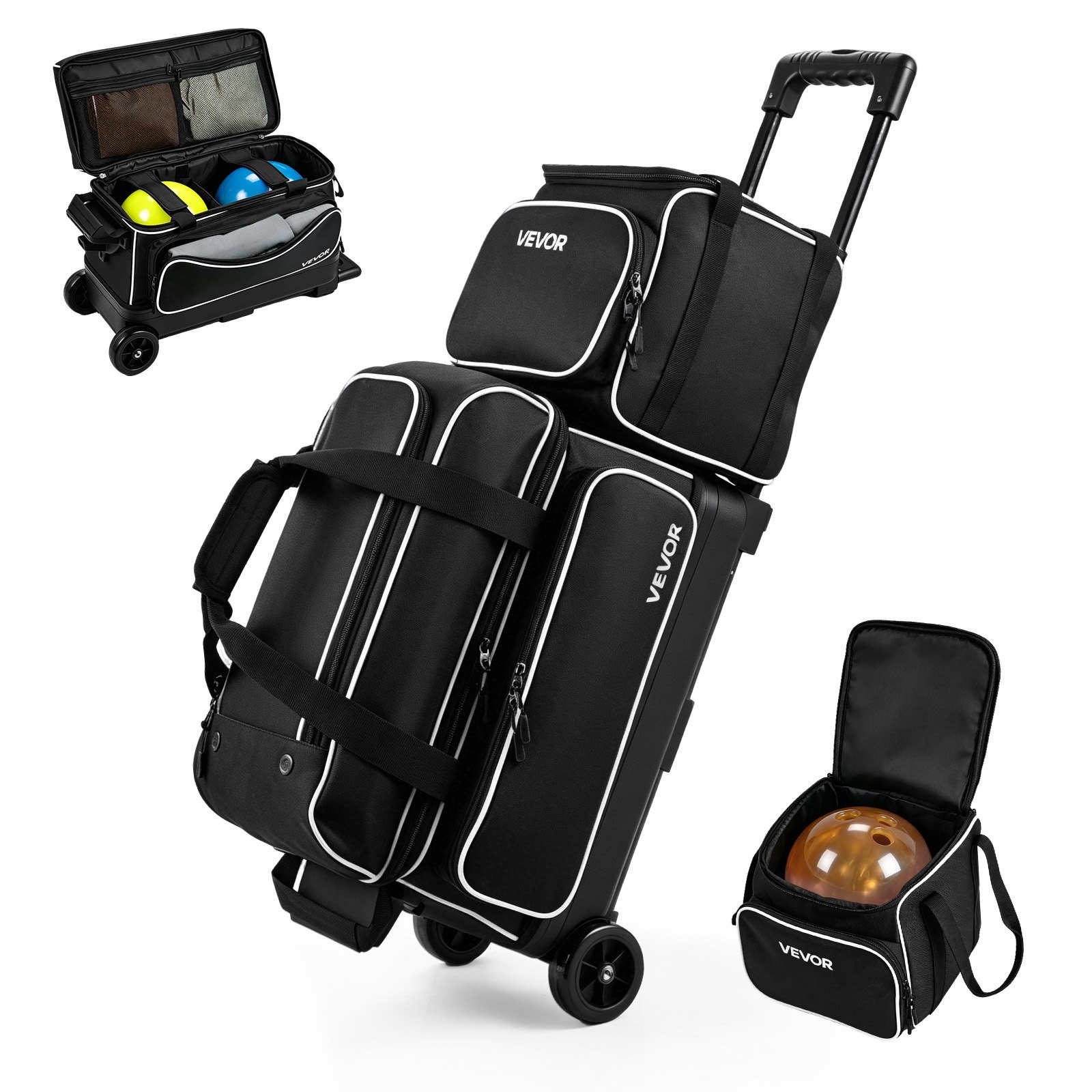 VEVOR 3 Ball Bowling Bag Double Roller Bag with Separate Shoe Compartment, for Bowling Shoes (Up To US Men Size 16), Rolling Ball Bag w/ Wheel, Accessory Pocket, Retractable Handle Extends to 40 in