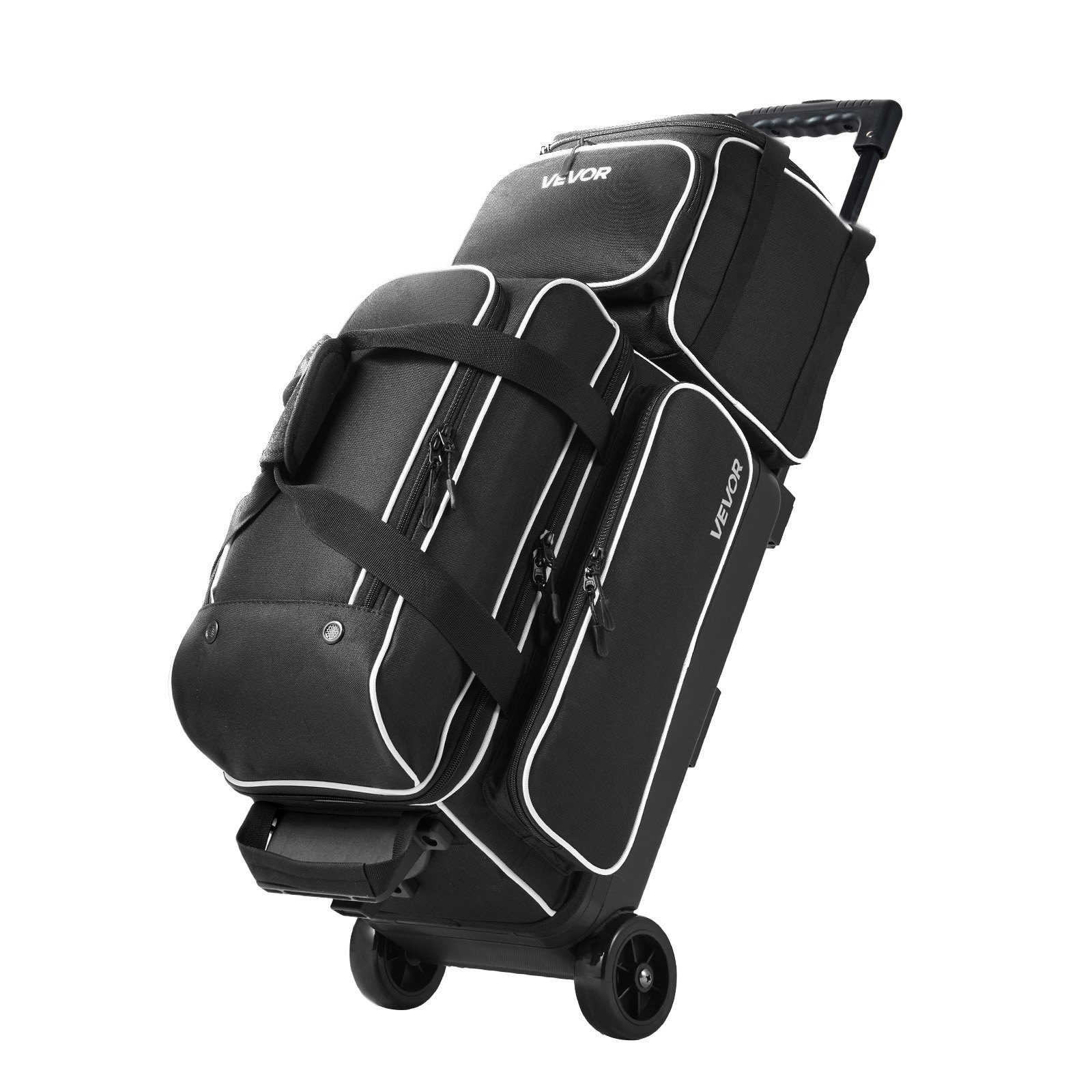VEVOR 3 Ball Bowling Bag Double Roller Bag with Separate Shoe Compartment, for Bowling Shoes (Up To US Men Size 16), Rolling Ball Bag w/ Wheel, Accessory Pocket, Retractable Handle Extends to 40 in
