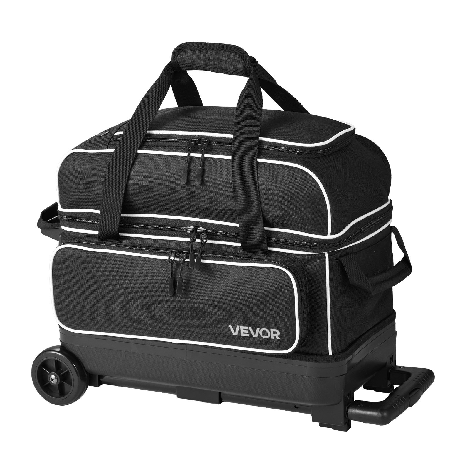 VEVOR 3 Ball Bowling Bag Double Roller Bag with Separate Shoe Compartment, for Bowling Shoes (Up To US Men Size 16), Rolling Ball Bag w/ Wheel, Accessory Pocket, Retractable Handle Extends to 40 in