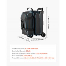 2 Ball Bowling Bag with Wheels Double Roller Bowling Bag with Shoe Compartment
